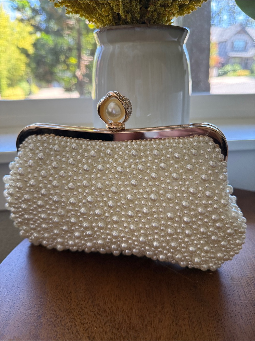 Pearl-Embellished Ivory Evening or Bridal Clutch